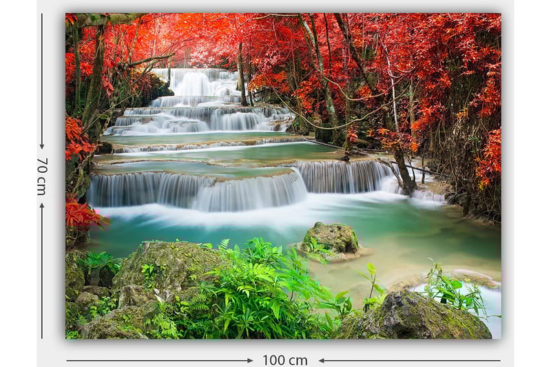 Canvas taulu 70x100 cm - Kaunis vesiputousmaisema värikkäiden syksyn lehtien ympäröimänä - Punainen / Vihreä / Sininen - Sisustustuotteet - Taulu & taide - Canvas-taulu