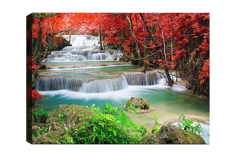 Canvas taulu 70x100 cm - Kaunis vesiputousmaisema värikkäiden syksyn lehtien ympäröimänä - Punainen / Vihreä / Sininen - Sisustustuotteet - Taulu & taide - Canvas-taulu