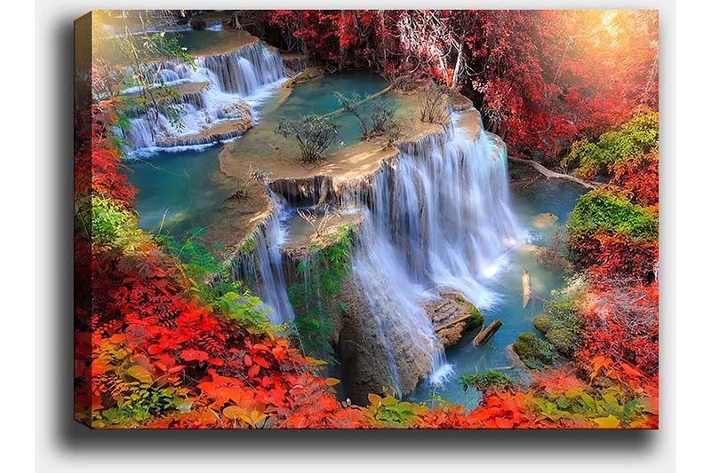 Canvas taulu 70x100 cm - Kaunis vesiputousmaisema värikkäiden syksyn lehtien ympäröimänä - Punainen / Vihreä / Sininen - Sisustustuotteet - Taulu & taide - Canvas-taulu