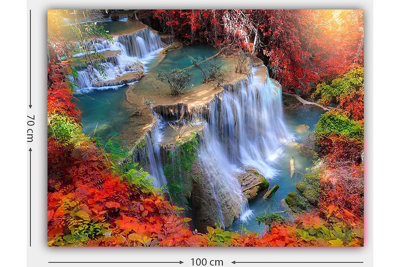 Canvas taulu 70x100 cm - Kaunis vesiputousmaisema värikkäiden syksyn lehtien ympäröimänä - Punainen / Vihreä / Sininen - Sisustustuotteet - Taulu & taide - Canvas-taulu