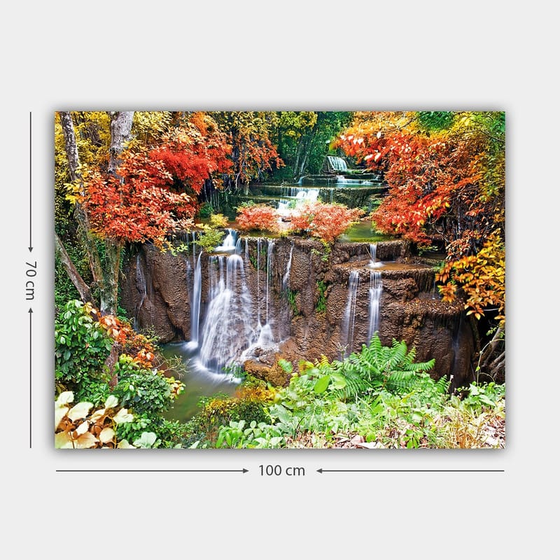 Canvas taulu 70x100 cm - Kaunis vesiputousmaisema värikkäiden syksyn lehtien ympäröimänä - Punainen / Vihreä / Ruskea - Sisustustuotteet - Taulu & taide - Canvas-taulu