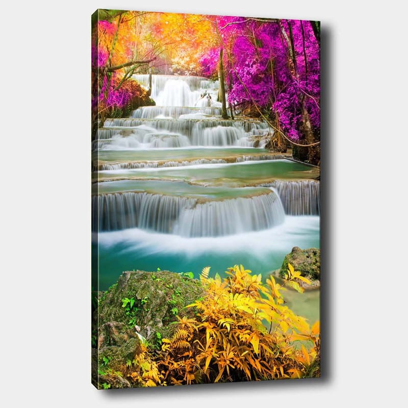 Canvas taulu 70x100 cm - Kaunis vesiputousmaisema värikkäiden puiden ja kasvien ympäröimänä - Violetti / Vihreä / Oranssi - Sisustustuotteet - Taulu & taide - Canvas-taulu