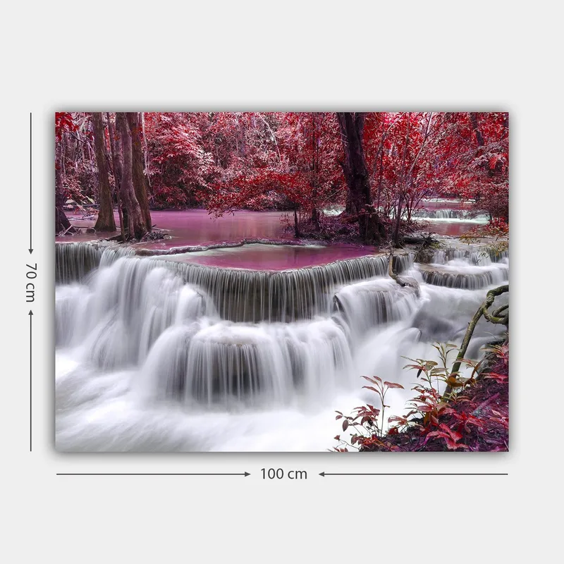 Canvas taulu 70x100 cm - Kaunis vesiputousmaisema värikkäiden puiden ja kasvillisuuden ympäröimänä - Punainen / Violetti / Valkoinen - Sisustustuotteet - Taulu & taide - Canvas-taulu