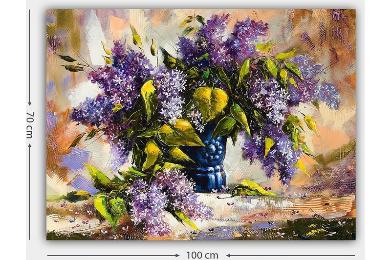 Canvas taulu 70x100 cm - Kaunis violettien kukkien kimppu sinisessä maljakossa - Violetti / Vihreä / Sininen - Sisustustuotteet - Taulu & taide - Canvas-taulu