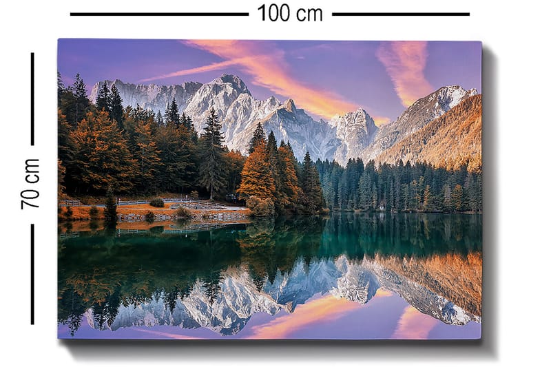 Canvas taulu 70x100 cm - Kaunis vuoristomaisema heijastuneena järvessä ja värikkäissä syyspuissa - Vihreä / Oranssi / Violetti - Sisustustuotteet - Taulu & taide - Canvas-taulu