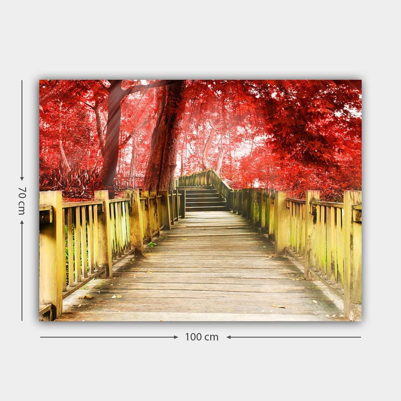 Canvas taulu 70x100 cm - Kaunis puinen silta kirkkaanpunaisten puiden ympäröimänä syksyisessä ympäristössä - Punainen / keltavihreä - Sisustustuotteet - Taulu & taide - Canvas-taulu