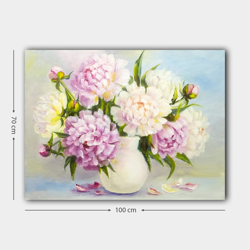 Canvas taulu 70x100 cm - Kaunis pionikimppu valkoisessa maljakossa - Vaaleanpunainen / Valkoinen / Vihreä - Sisustustuotteet - Taulu & taide - Canvas-taulu