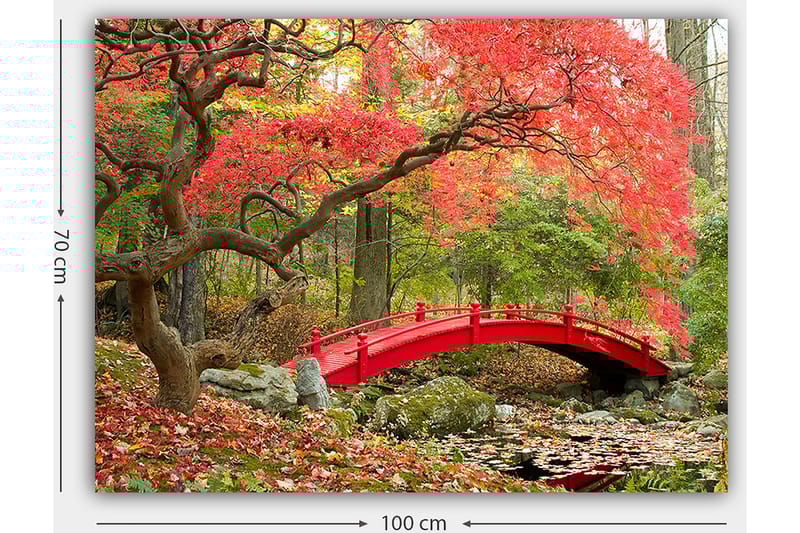 Canvas taulu 70x100 cm - Kaunis punainen silta syksyn väristen puiden ja lehtien ympäröimänä - Punainen / Vihreä / Ruskea - Sisustustuotteet - Taulu & taide - Canvas-taulu