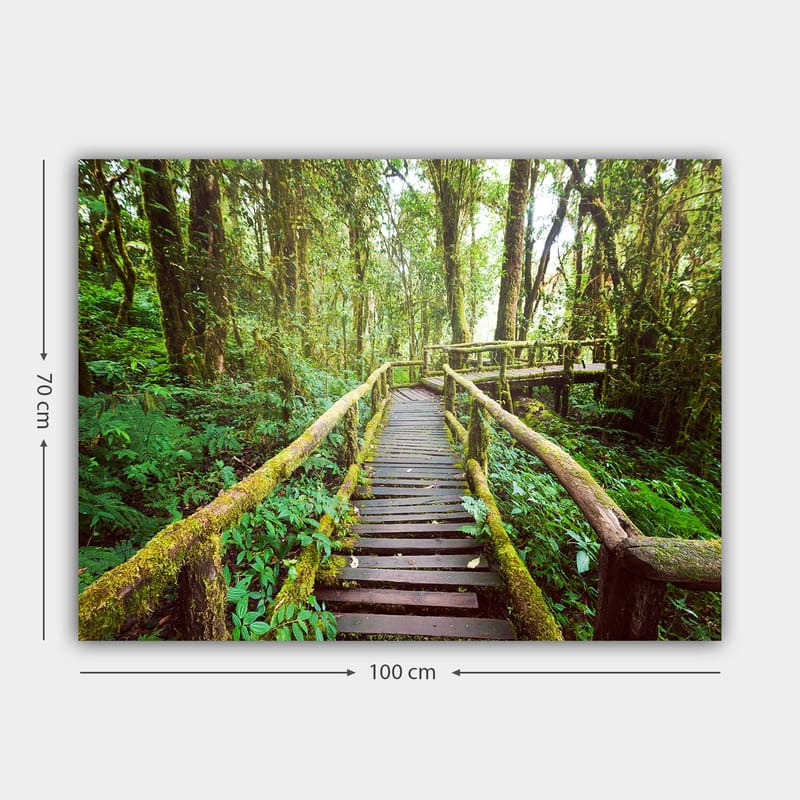 Canvas taulu 70x100 cm - Kaunis puinen silta kiemurtelee rehevän sademetsän läpi - Vihreä / Ruskea / Keltavihreä - Sisustustuotteet - Taulu & taide - Canvas-taulu