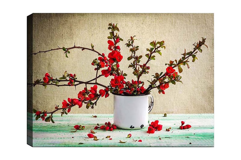 Canvas taulu 70x100 cm - Kaunis punaisten kukkien kimppu valkoisessa kupissa, Punainen / Vihreä / Valkoinen