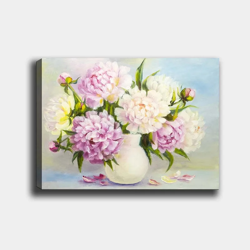 Canvas taulu 70x100 cm - Kaunis pionikimppu valkoisessa maljakossa, Vaaleanpunainen / Valkoinen / Vihreä