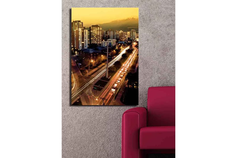 Canvas taulu 70x100 cm - Kaupungin siluetti hämärässä rakennusten ja liikenteen valojen kanssa - Kulta / Tummansininen / Valkoinen - Sisustustuotteet - Taulu & taide - Canvas-taulu