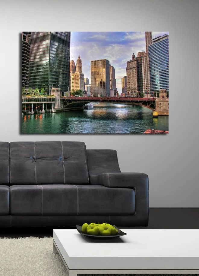 Canvas taulu 70x100 cm - Kaupungin siluetti moderneilla pilvenpiirtäjillä ja silta vesiväylän yli - Sininen / Vihreä / Beige - Sisustustuotteet - Taulu & taide - Canvas-taulu