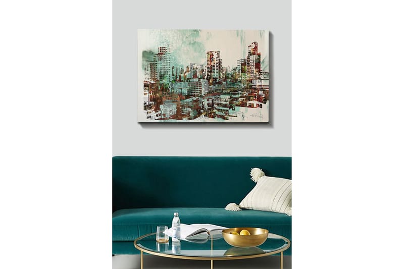Canvas taulu 70x100 cm - Kaupunkikuva korkeine rakennuksineen ja vilkkaine katuineen, Vihreä / Ruskea / Valkoinen