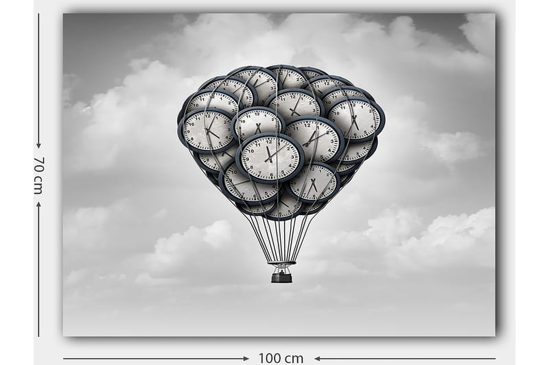 Canvas taulu 70x100 cm - Kellojen muotoilema kuumailmapallo unenomaisella taivaalla - Harmaa / Musta / Valkoinen - Sisustustuotteet - Taulu & taide - Canvas-taulu