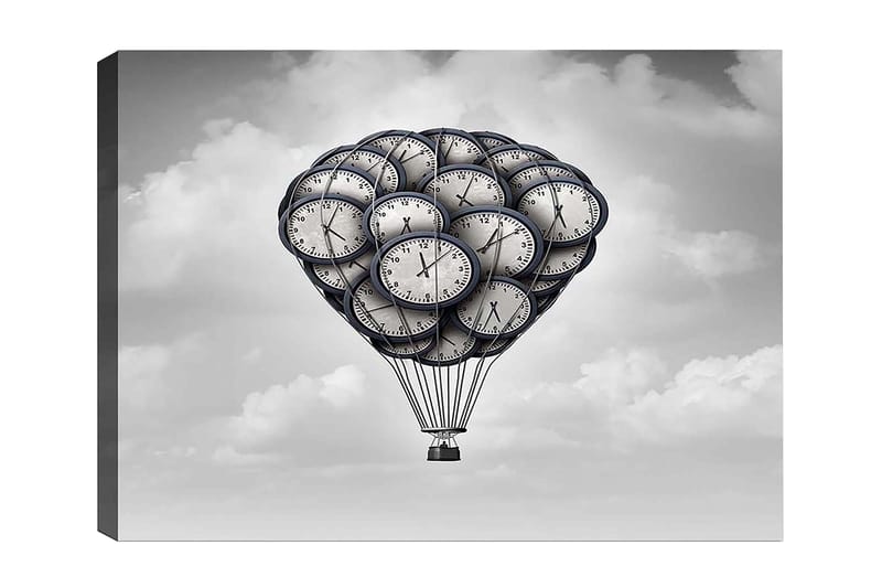 Canvas taulu 70x100 cm - Kellojen muotoilema kuumailmapallo unenomaisella taivaalla, Harmaa / Musta / Valkoinen