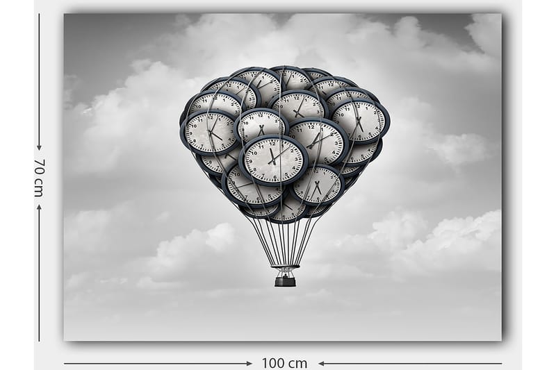 Canvas taulu 70x100 cm - Kellojen muotoilema kuumailmapallo unenomaisella taivaalla - Harmaa / Musta / Valkoinen - Sisustustuotteet - Taulu & taide - Canvas-taulu