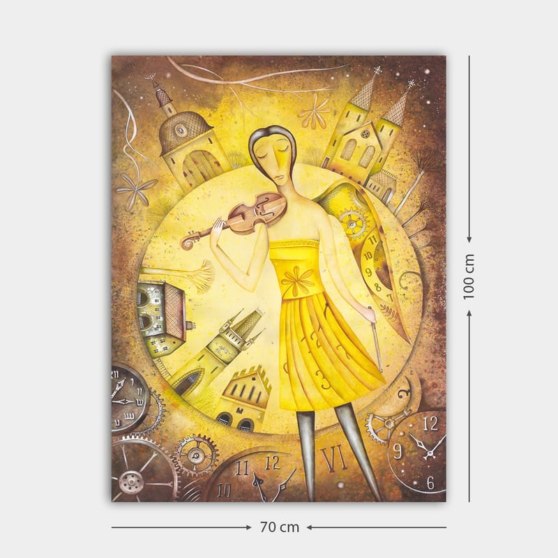 Canvas taulu 70x100 cm - Keltaiseen mekkoon pukeutunut nainen soittaa viulua kellojen ja rakennusten ympäröimänä - Keltainen / Ruskea - Sisustustuotteet - Taulu & taide - Canvas-taulu