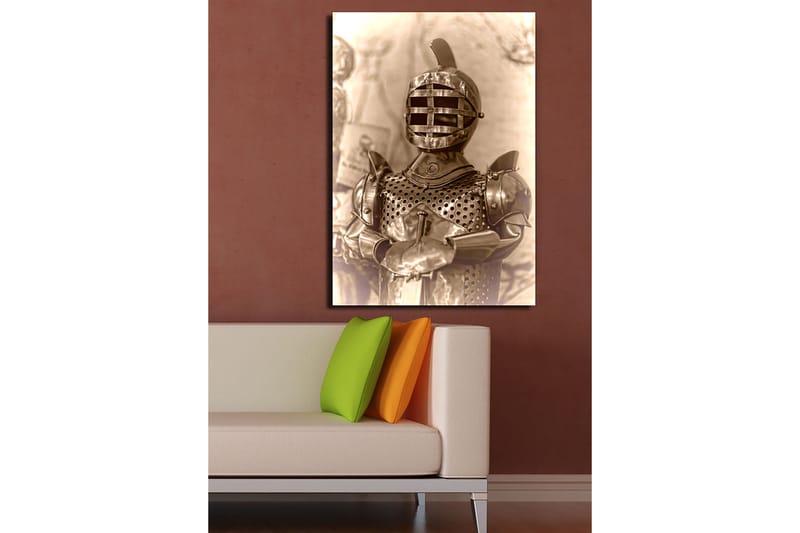 Canvas taulu 70x100 cm - Keskiaikainen ritari haarniskassaan ja tyypillisellä kypäräkuviolla - Hopea / Harmaa / Ruskea - Sisustustuotteet - Taulu & taide - Canvas-taulu