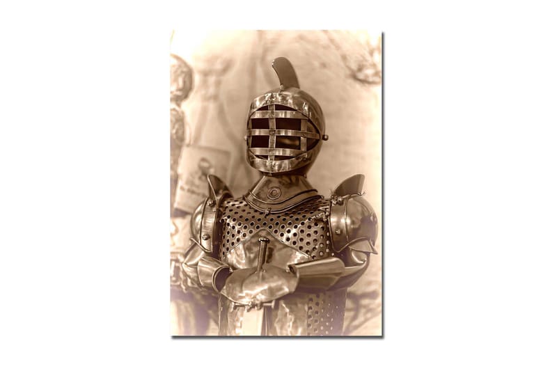 Canvas taulu 70x100 cm - Keskiaikainen ritari haarniskassaan ja tyypillisellä kypäräkuviolla, Hopea / Harmaa / Ruskea