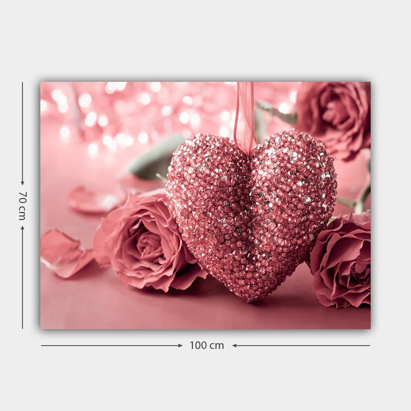 Canvas taulu 70x100 cm - Kimalteleva sydän vaaleanpunaisten ruusujen ympäröimänä - Vaaleanpunainen / Tummanpunainen - Sisustustuotteet - Taulu & taide - Canvas-taulu
