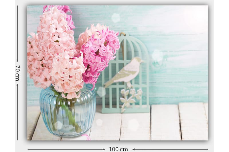 Canvas taulu 70x100 cm - Kimpussa vaaleanpunaisia hyasintteja lasimaljakossa - Vaaleanpunainen / Vaaleansininen / Vihreä - Sisustustuotteet - Taulu & taide - Canvas-taulu