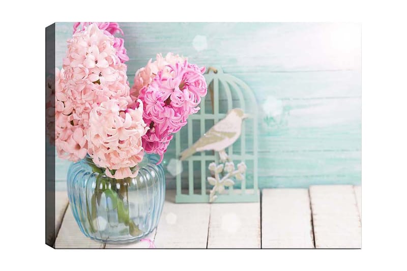 Canvas taulu 70x100 cm - Kimpussa vaaleanpunaisia hyasintteja lasimaljakossa, Vaaleanpunainen / Vaaleansininen / Vihreä