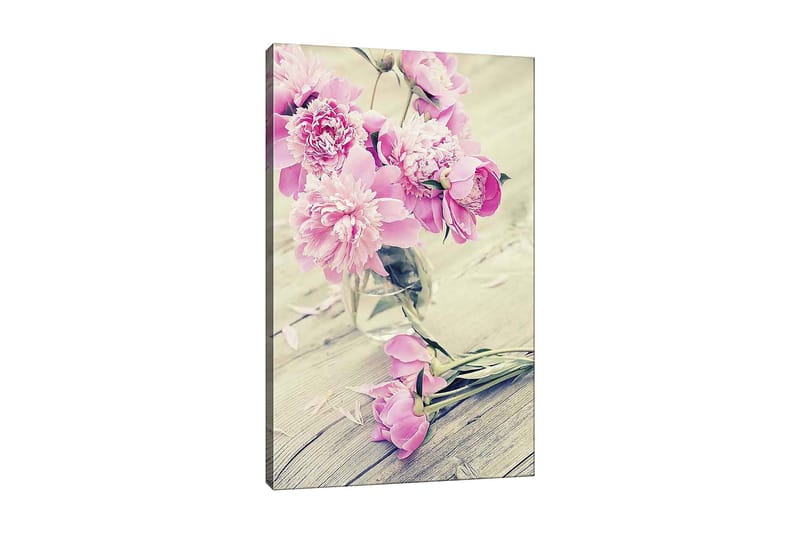 Canvas taulu 70x100 cm - Kimpussa vaaleanpunaisia pioneja lasimaljakossa, Vaaleanpunainen / Vihreä