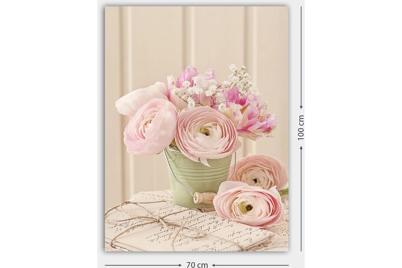 Canvas taulu 70x100 cm - Kimpussa vaaleanpunaista leinikkikukka vihreässä ruukussa - Vaaleanpunainen / Vihreä / Valkoinen - Sisustustuotteet - Taulu & taide - Canvas-taulu