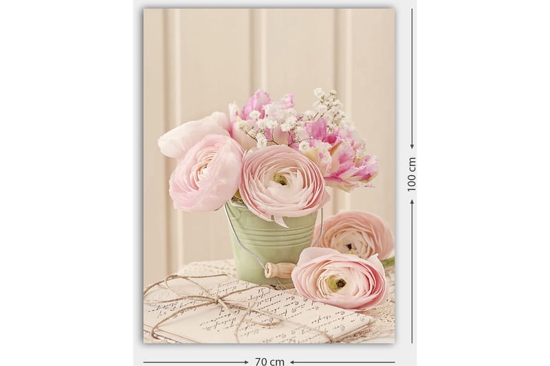 Canvas taulu 70x100 cm - Kimpussa vaaleanpunaista leinikkikukka vihreässä ruukussa - Vaaleanpunainen / Vihreä / Valkoinen - Sisustustuotteet - Taulu & taide - Canvas-taulu