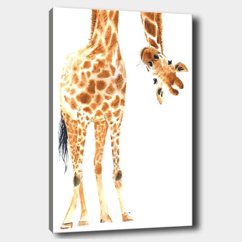 Canvas taulu 70x100 cm - Kirahvi, jonka tunnusomaiset täplät ulottuvat katsojaa kohti, Oranssi / Ruskea / Musta