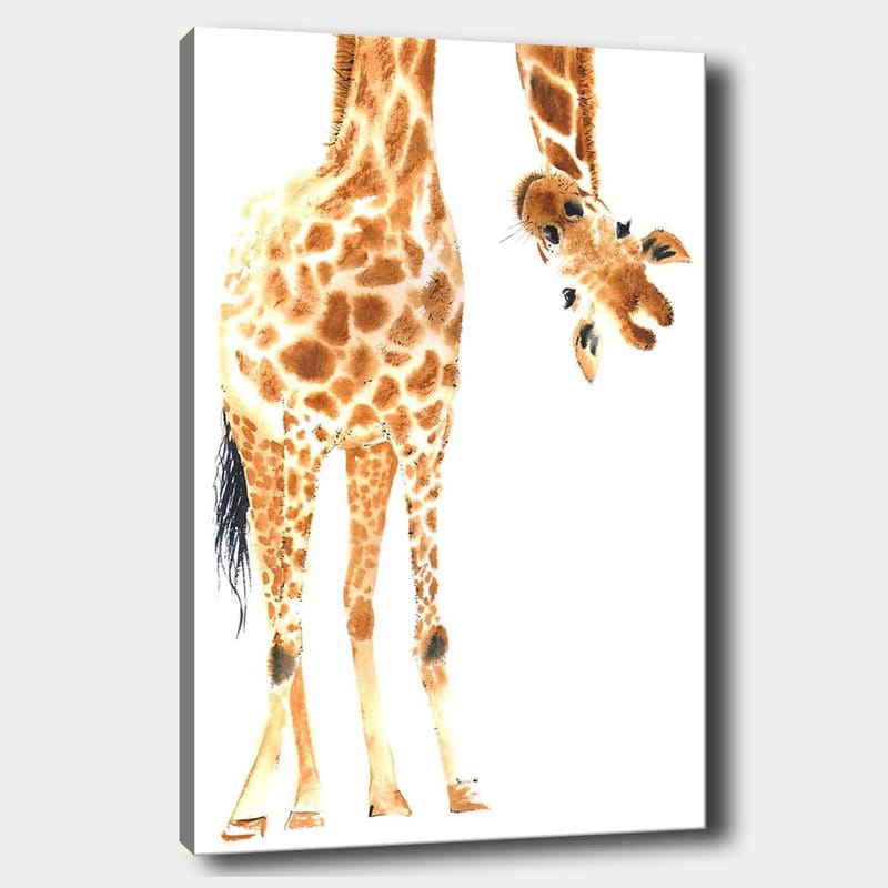 Canvas taulu 70x100 cm - Kirahvi, jonka tunnusomaiset täplät ulottuvat katsojaa kohti, Oranssi / Ruskea / Musta