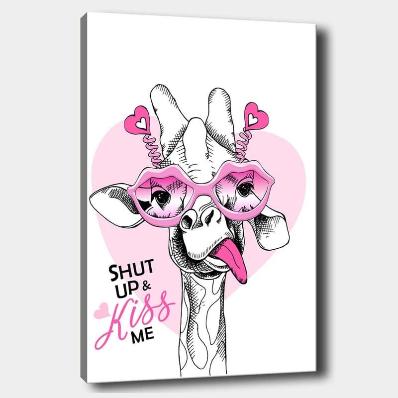 Canvas taulu 70x100 cm - Kirahvi suurilla vaaleanpunaisilla laseilla ja leikkisällä asenteella - Vaaleanpunainen / Musta / Valkoinen - Sisustustuotteet - Taulu & taide - Canvas-taulu