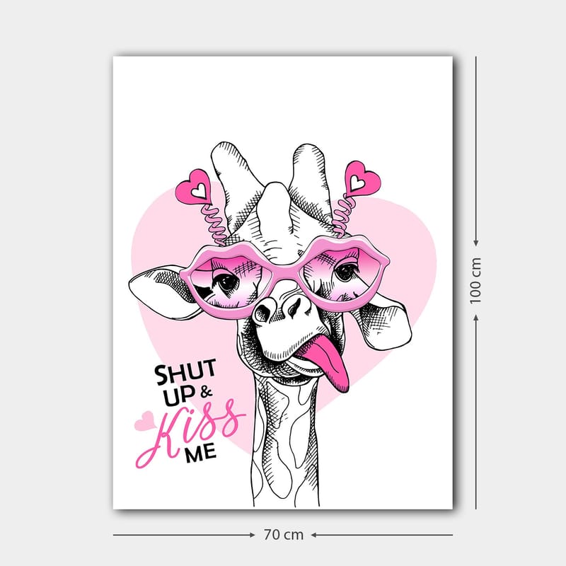 Canvas taulu 70x100 cm - Kirahvi suurilla vaaleanpunaisilla laseilla ja leikkisällä asenteella - Vaaleanpunainen / Musta / Valkoinen - Sisustustuotteet - Taulu & taide - Canvas-taulu