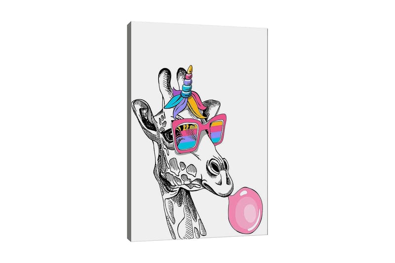 Canvas taulu 70x100 cm - Kirahvi puhaltaa kuplia aurinkolaseissa, Vaaleanpunainen / Sininen / Violetti