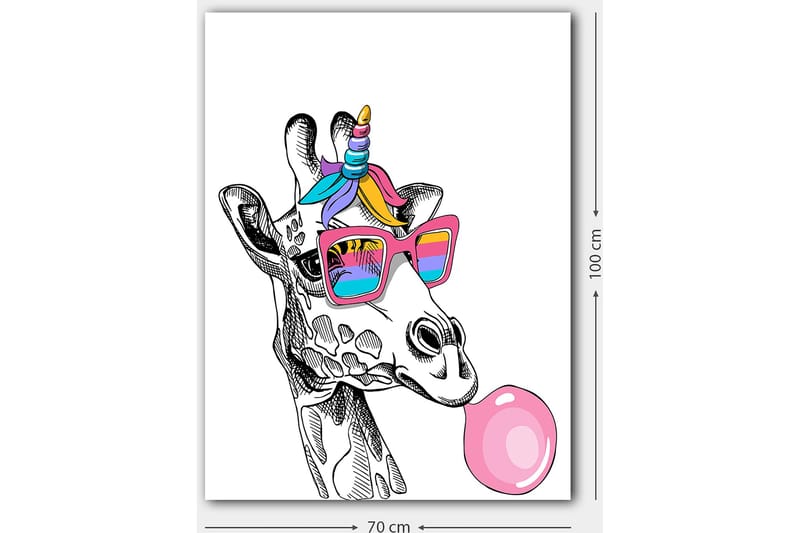 Canvas taulu 70x100 cm - Kirahvi puhaltaa kuplia aurinkolaseissa - Vaaleanpunainen / Sininen / Violetti - Sisustustuotteet - Taulu & taide - Canvas-taulu