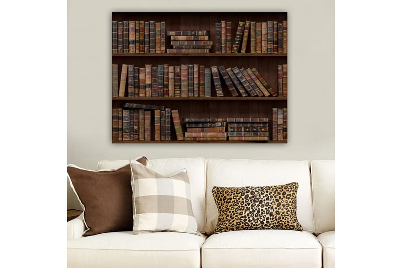 Canvas taulu 70x100 cm - Kirjahylly täynnä vanhoja kirjoja eri kokoisina ja värisinä - Tummanruskea / Beige / Tummanvihreä - Sisustustuotteet - Taulu & taide - Canvas-taulu
