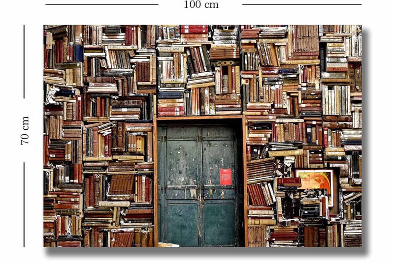 Canvas taulu 70x100 cm - Kirjoilla peitetty seinä, jossa ovi keskellä - Ruskea / Vihreä / Punainen - Sisustustuotteet - Taulu & taide - Canvas-taulu