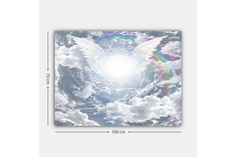 Canvas taulu 70x100 cm - Kirkas ja unenomainen taivas, jonka enkelinsiivet kurottelevat kohti säteilevää keskipistettä - Valkoinen / Vaaleansininen / Harmaa - Sisustustuotteet - Taulu & taide - Canvas-taulu