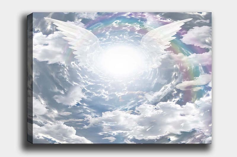 Canvas taulu 70x100 cm - Kirkas ja unenomainen taivas, jonka enkelinsiivet kurottelevat kohti säteilevää keskipistettä, Valkoinen / Vaaleansininen / Harmaa