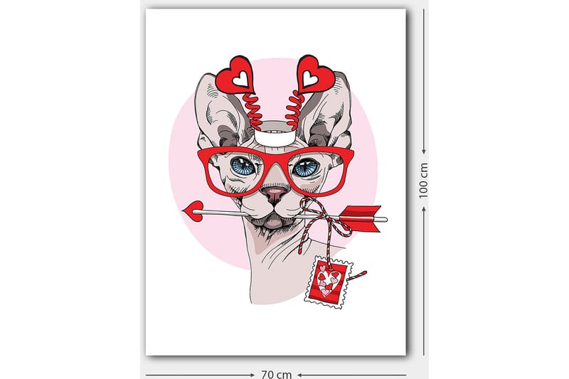 Canvas taulu 70x100 cm - Kissa, jolla on suuret silmälasit ja sydämenmuotoiset yksityiskohdat, pitelee nuolta suussaan - Punainen / Vaaleanpunainen / Harmaa - Sisustustuotteet - Taulu & taide - Canvas-taulu