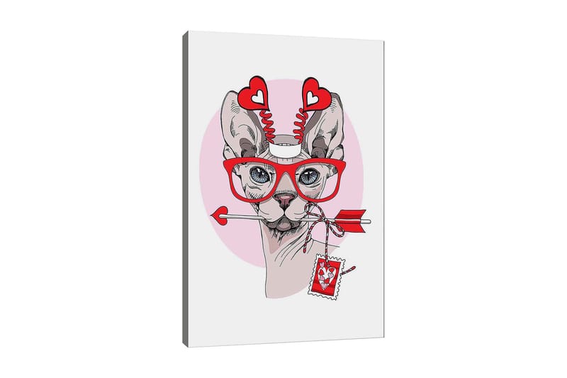Canvas taulu 70x100 cm - Kissa, jolla on suuret silmälasit ja sydämenmuotoiset yksityiskohdat, pitelee nuolta suussaan, Punainen / Vaaleanpunainen / Harmaa
