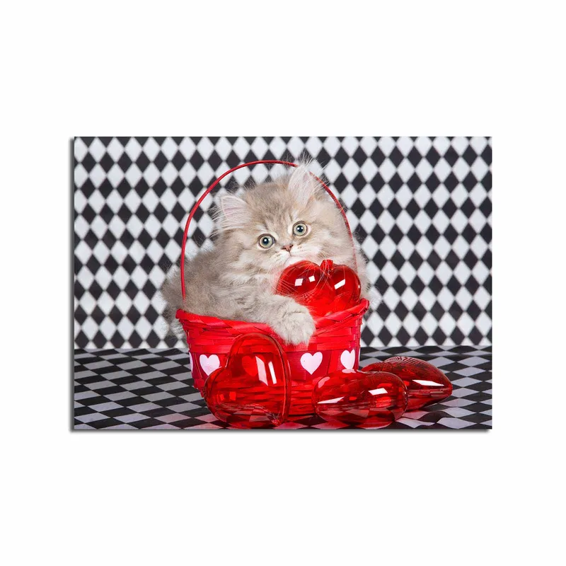 Canvas taulu 70x100 cm - Kissanpentu istuu punaisessa korissa, joka on täynnä sydämenmuotoisia koristeita, Punainen / Harmaa
