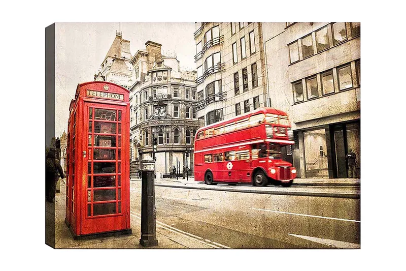 Canvas taulu 70x100 cm - Klassinen punainen puhelinkoppi ja punainen kaksikerroksinen bussi kaupungin kadulla, Punainen / Harmaa