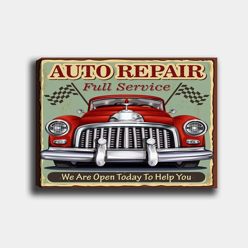 Canvas taulu 70x100 cm - Klassinen punainen auto kromiseoksella ja kilpa-lipuilla taustalla, Punainen / Kromi (hopea) / Vihreä