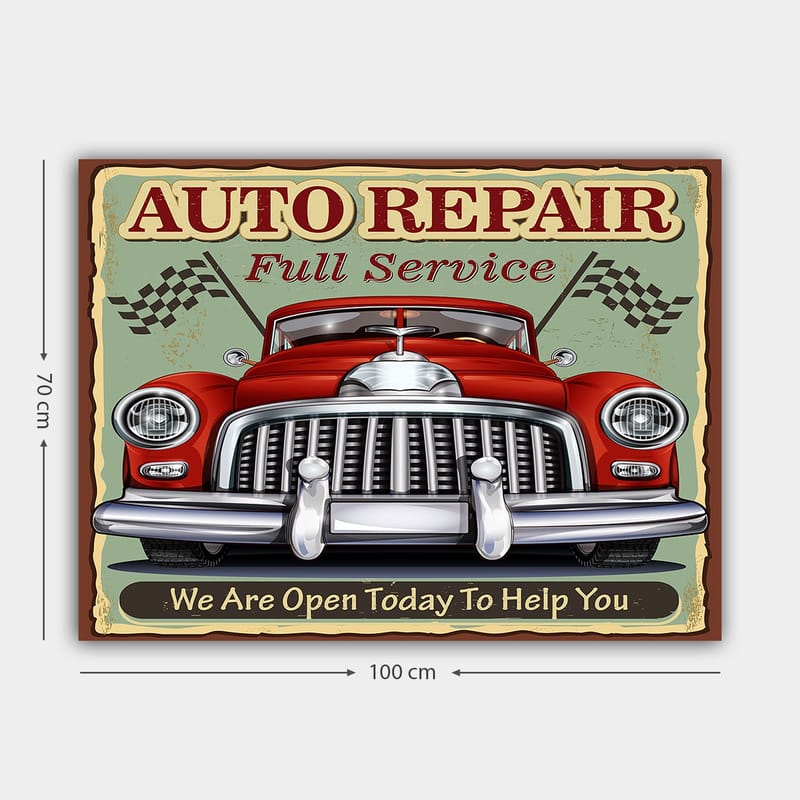 Canvas taulu 70x100 cm - Klassinen punainen auto kromiseoksella ja kilpa-lipuilla taustalla - Punainen / Kromi (hopea) / Vihreä - Sisustustuotteet - Taulu & taide - Canvas-taulu