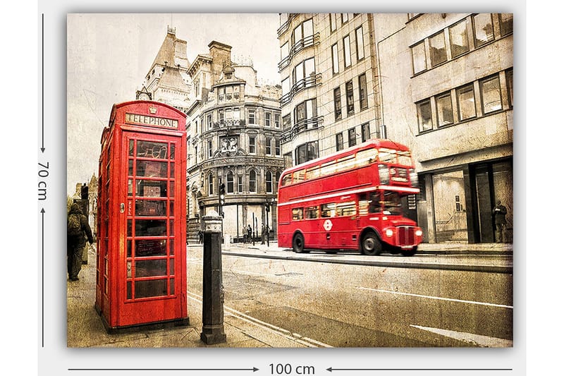 Canvas taulu 70x100 cm - Klassinen punainen puhelinkoppi ja punainen kaksikerroksinen bussi kaupungin kadulla - Punainen / Harmaa - Sisustustuotteet - Taulu & taide - Canvas-taulu