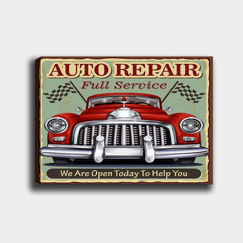 Canvas taulu 70x100 cm - Klassinen punainen auto kromiseoksella ja kilpa-lipuilla taustalla, Punainen / Kromi (hopea) / Vihreä