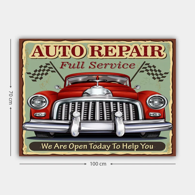 Canvas taulu 70x100 cm - Klassinen punainen auto kromiseoksella ja kilpa-lipuilla taustalla - Punainen / Kromi (hopea) / Vihreä - Sisustustuotteet - Taulu & taide - Canvas-taulu