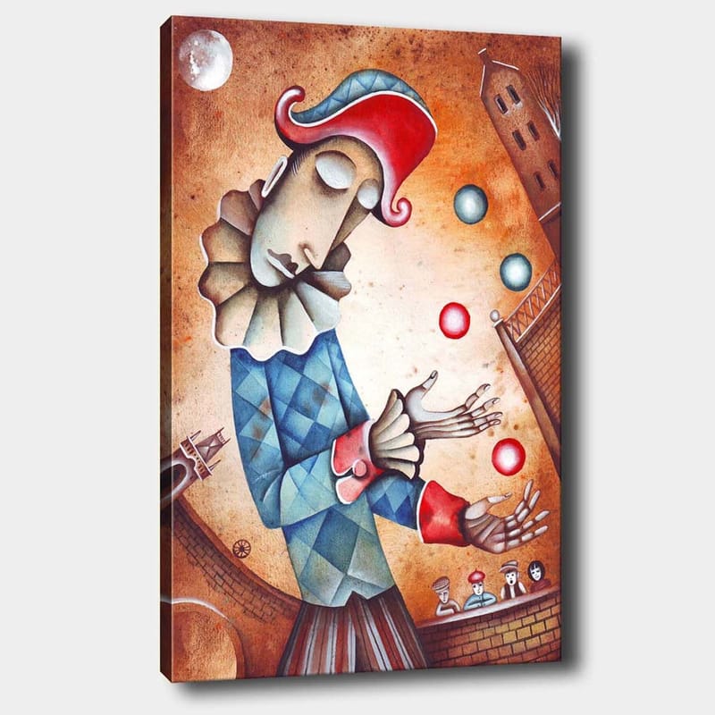 Canvas taulu 70x100 cm - Klovni jonglööraa värikkäitä palloja, Sininen / Punainen / Beige